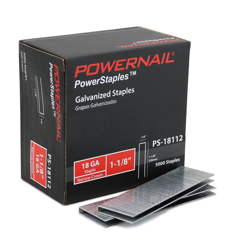 Powernail PS18112 18 Gauge 1/4 Inch Narrow Crown Staples, 1-1/8 Inch Length Heavy Duty Galvanized Chisel Point Staples for Electric or Pneumatic Narrow Crown Stapler Guns (Box of 5,000) - Image 1